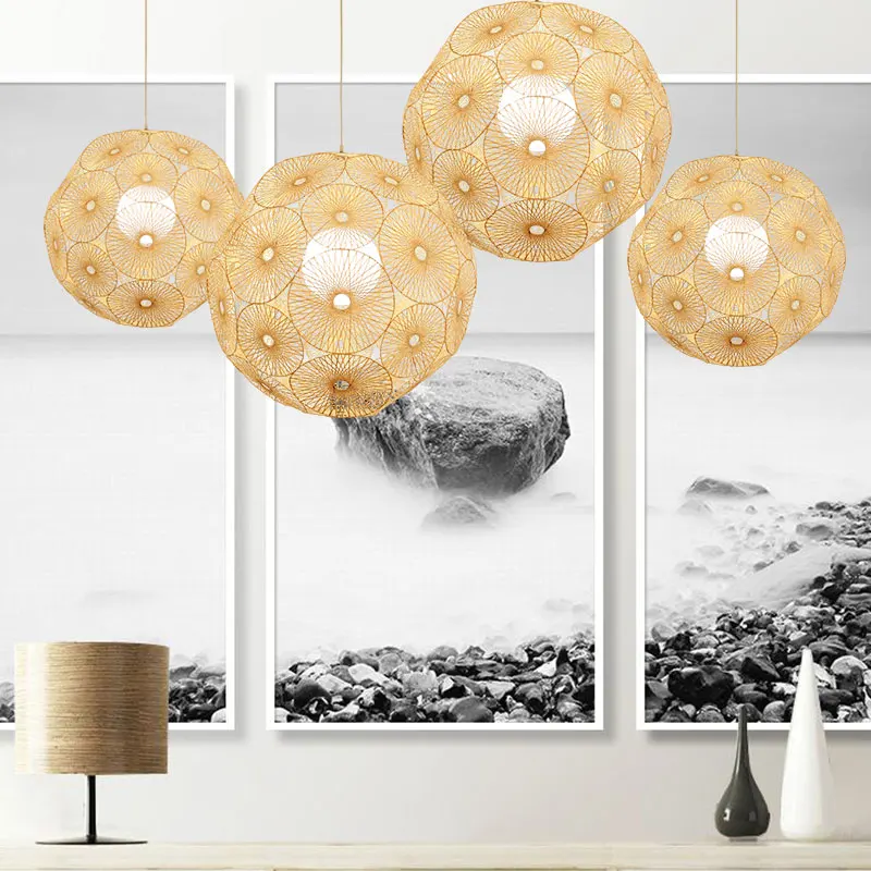 SGROW Hand Made Bamboo Rattan Pendant Lights for Living Room Dinning Room Simple Ball Design Lampshade Hanging Led Lamp Light