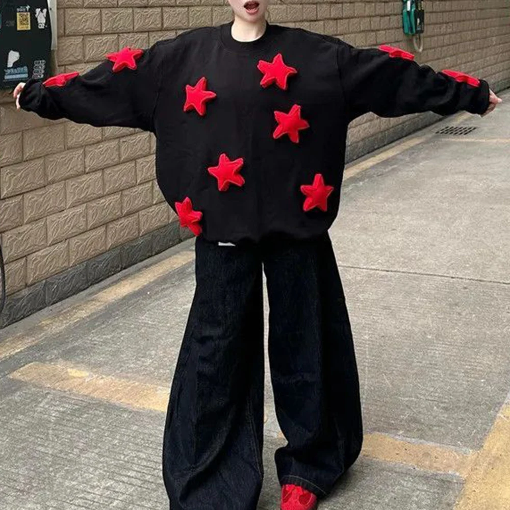 

Trend must-have American retro sweater three-dimensional stars loose round neck pullover long sleeves, full of design