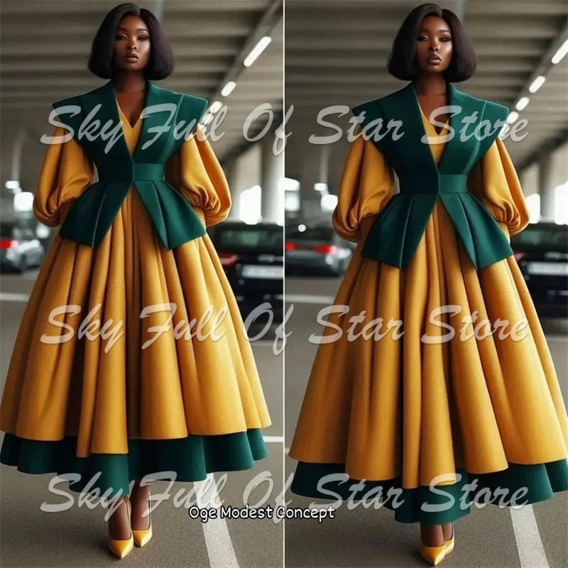Women Suit Set 2 Pcs Wide Lapel Peplum Blazer Lantern Sleeve Double Layer Maxi Skirt Custom Formal Evening Party Lady Dress
