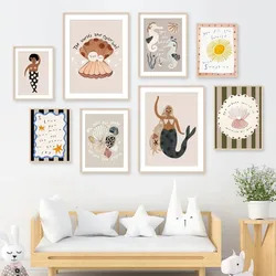 Mermaid Oyster Shell Seahorse Sunshine Sea Life Cartoon Wall Art Canvas Posters Prints Wall Pictures Kawaii Baby Kids Room Decor