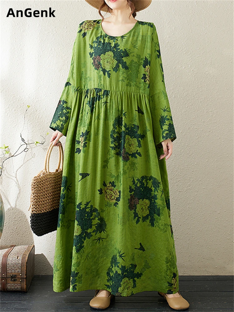 

Женское винтажное платье с принтом, зеленое Хлопковое платье оверсайз с длинным рукавом, повседневная одежда на весну-осень
