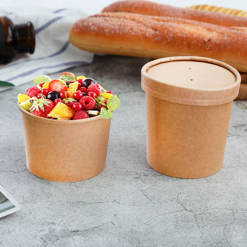 

25 Sets Kraft Paper Soup Cup Cups with Lids Disposable Bowl Containers Ice Cream