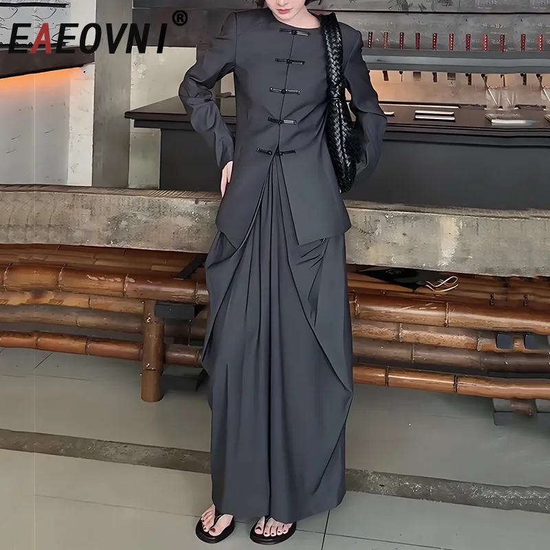 

EAEOVNI Elegant Design Two Piece Set For Women O Neck Button Spliced Blazer Coat + A Line Long Skirt Fashion 2025 New Clothing