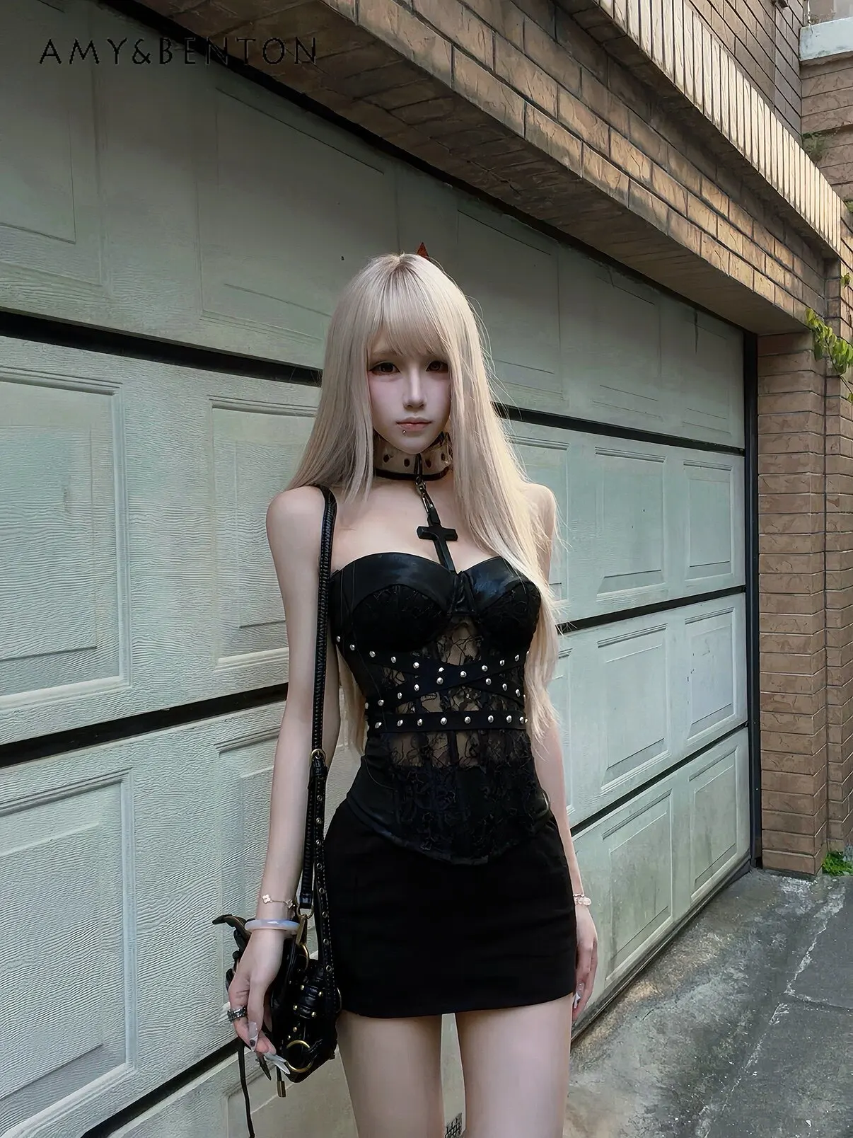 

Summer New Dark Gothic Style Women's Black Beaded Lace Hollow-out Patchwork Slim-fit Corset Top High-waisted Short Bodycon Skirt