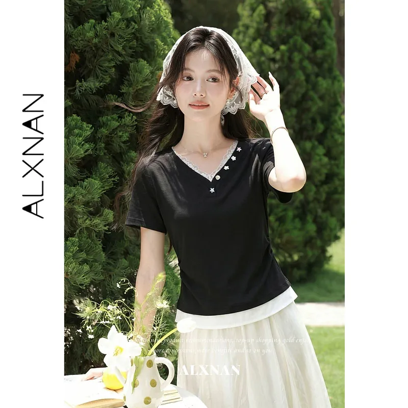ALXNAN Women's Short Sleeve T-shirt V-neck Lace Trim Fake Two Piece Light Blue Summer Slim Fit Korean Casual 2026 Tops L65706-1 view 6