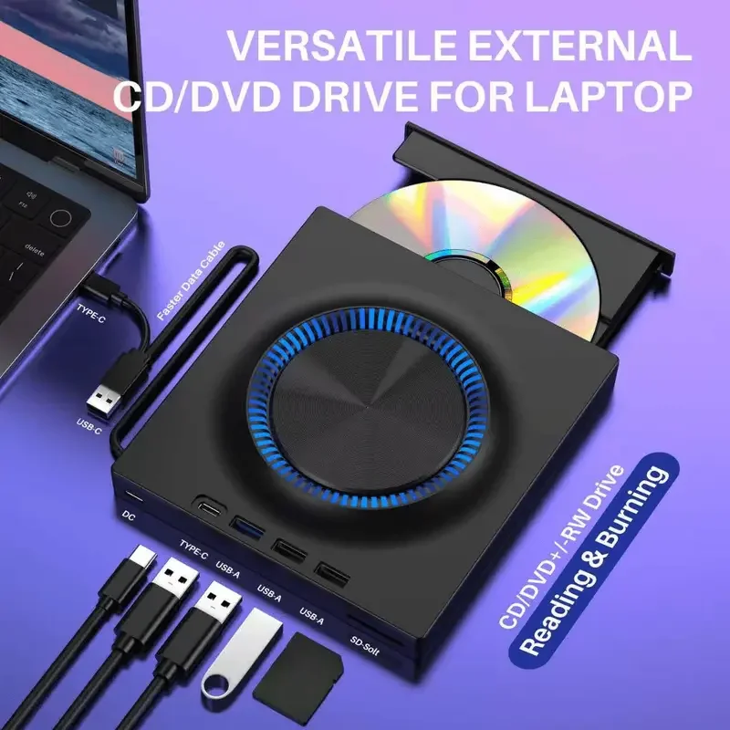 New Dazzling 3 USB 3.0 External CD/DVD Drive for 2024: Type C Portable CD/DVD+/- RW Drive/DVD Player Hub with SD Card Reader, Co