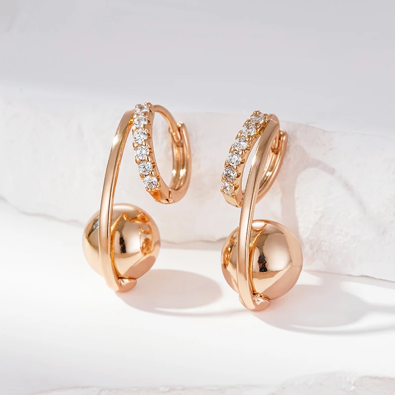 Wbmqda Unique Metal Ball Drop Earrings For Women 585 Rose Gold Color With White Natural Zircon Fashion Daily Party Jewelry Gifts