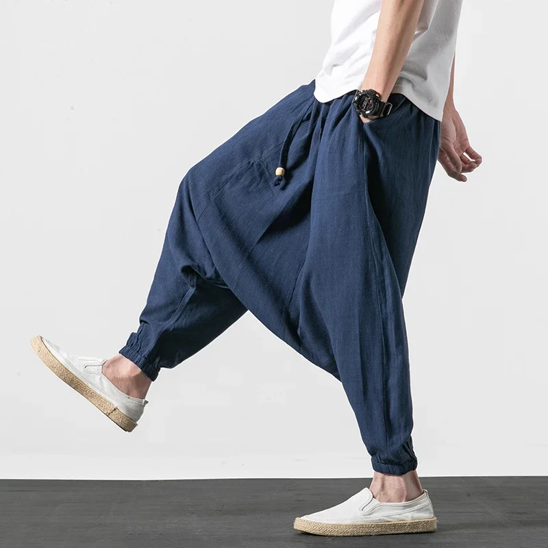 Men Wide Legs Pants Baggy Harem Pants Men Solid Black Trousers Male HipHop Joggers man streetwear hip hop linen Cross-pants