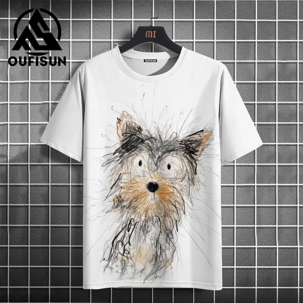 2024 Casual Men T-shirts White Breathable Polyester T-shirts For Men High Quailty Simple Design Cute Dog Oversize T-shirts Men