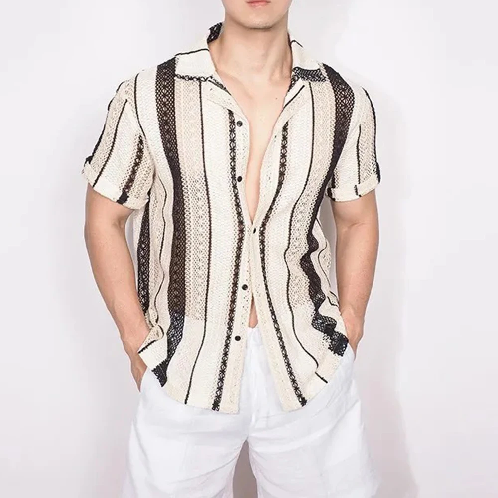 

Mens Shirts Hollow Contrast Shirts Summer Streetwear Nightclub Fashion Personality Niche Short-Sleeve Tops Men'S Clothing 2025
