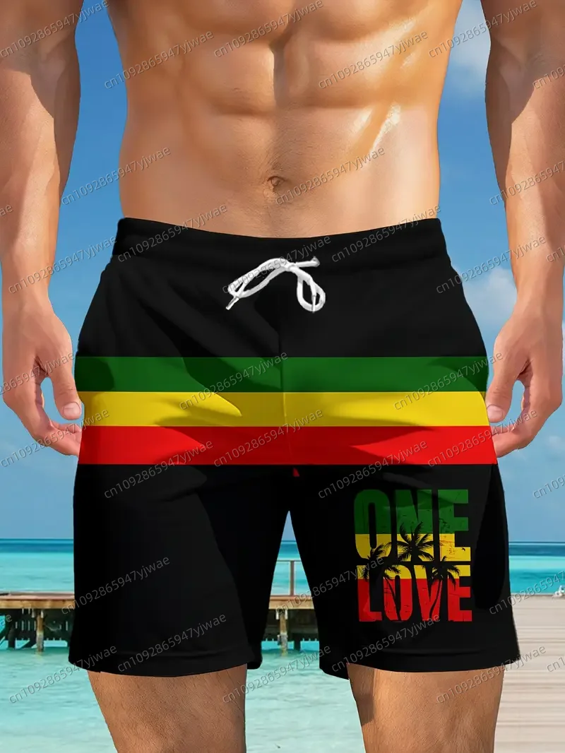 

Men'S Rasta-Inspired Drawstring Swim Trunks "One Love" Graphic Casual Summer Beachwear for Hawaii Vacations Shorts ﻿