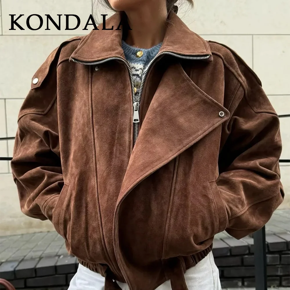 

KONDALA 2025 Fall Winter Suede Brown Women Jackets Fashion Elegant Christmas Women's Clothing Sashes Epaulet Chic Ladies Jackets