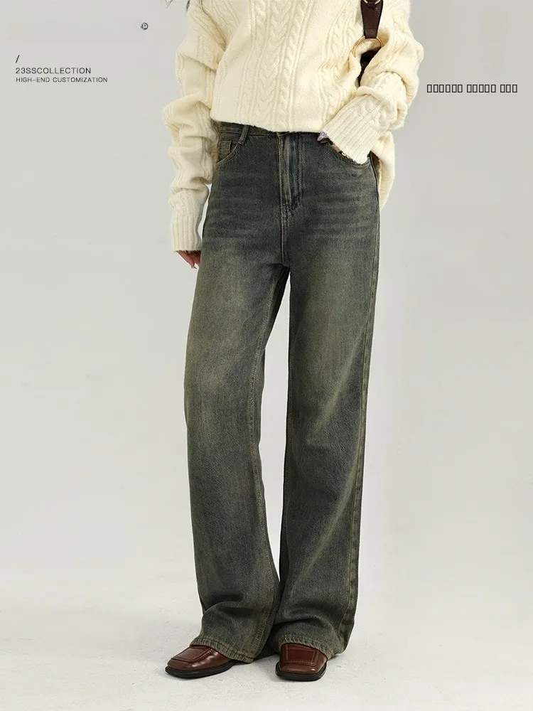 

Винтажные выцветшие прямые джинсы для женщин, новые зимние универсальные повседневные широкие брюки с высокой талией из денима, визуально стройнящие фигуру