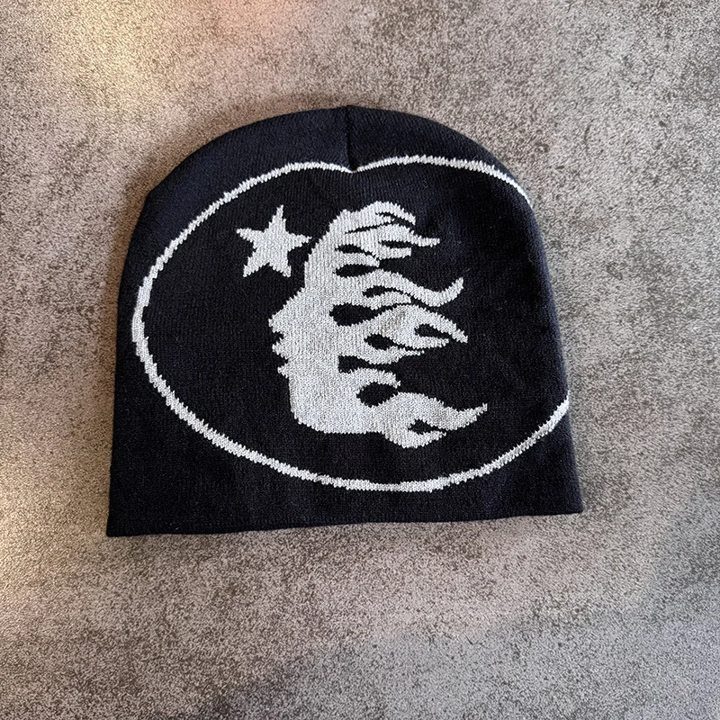 Unisex Flammen-Stern-Jacquard-Strickmütze Hip-Hop Streetwear Skull Cap für Männer und Frauen Herbst Winter Warme Modische Grafik-Strickmütze – Detail 7
