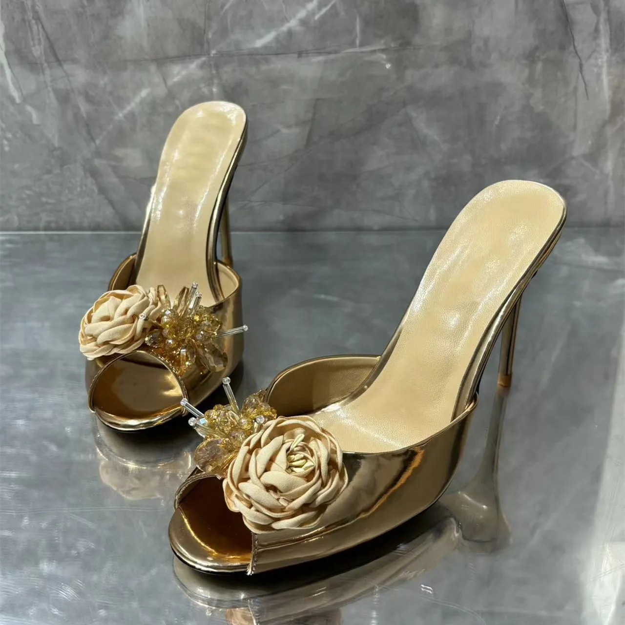Golden Pointed Peep Toe Thin Heels Slippers for Women New Brand Design Rose Crystals Decor High Heel Half Shoes Lady Size43