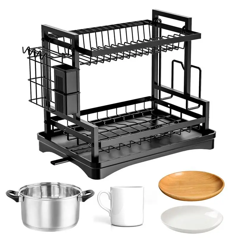 

Draining Dish Rack Iron Stable Dish Drainers Rack with Hooks Space-Saving Multifunctional Storage Racks Draining Rack with