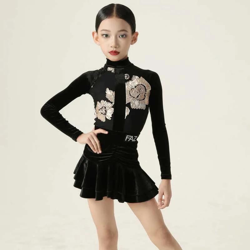 

Зимняя женская одежда для сцены с длинным рукавом, танцевальный костюм румбы, бархатная тренировочная юбка для девочек AMY905