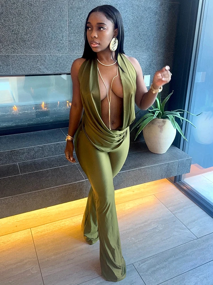 

Kliou сексуальные расклешенные комбинезоны с глубоким v-образным вырезом, женские комбинезоны с лямкой на шнуровке и открытой спиной, без рукавов, узкие персиковые бедра, клубные вечерние комбинезоны