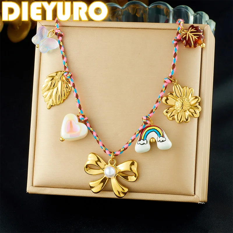 DIEYURO 316L Stainless Steel Golden Bowknot Inlay Pearl Flower Leave Pendant Necklace Lady Waterproof Rope Neck Chain Jewelry
