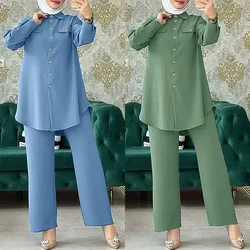 Ramadan Arab Women Eid Muslim Two Pieces Set Single Breasted Blouse & Pants Musulman Ensemble Belt Button Shirt Wide Leg Pants