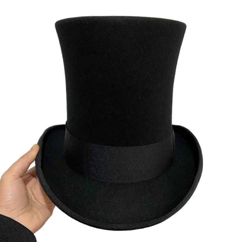 Premium 23cm High Crown Top Hat 100% Wool Felt Traditional Cylinder Topper Professional Magician Formal Wedding Groom Headwear