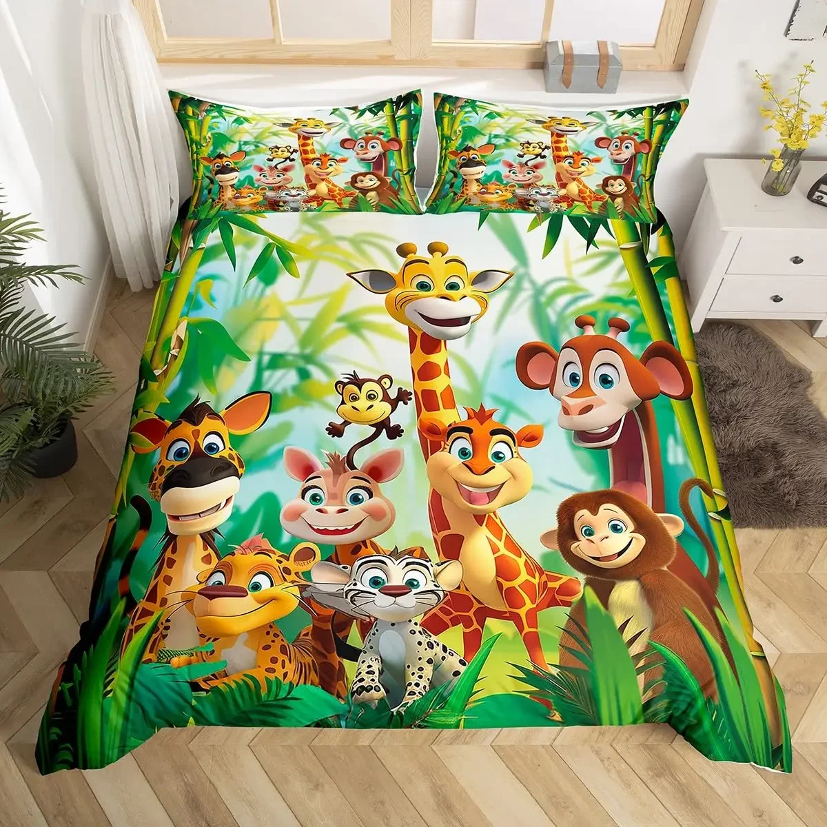 

Cartoon Animals Duvet Cover Cute Giraffe Monkey Tiger Elephant Bedding Set Lovely Wildlife Comforter Cover Polyester Quilt Cover