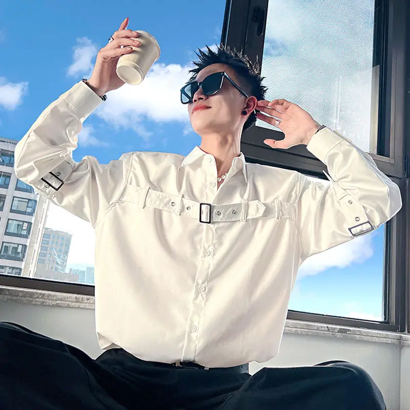Spring Autumn Men's Casual Shirt with Fashionable Functional Dark Style Y2K Solid Long-sleeve Outfit for Men