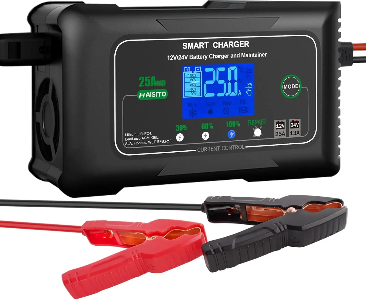 

25A 12V/24V Lithium & Lead-Acid Battery Charger, Maintainer, Desulfator for Car Boat Motorcycle