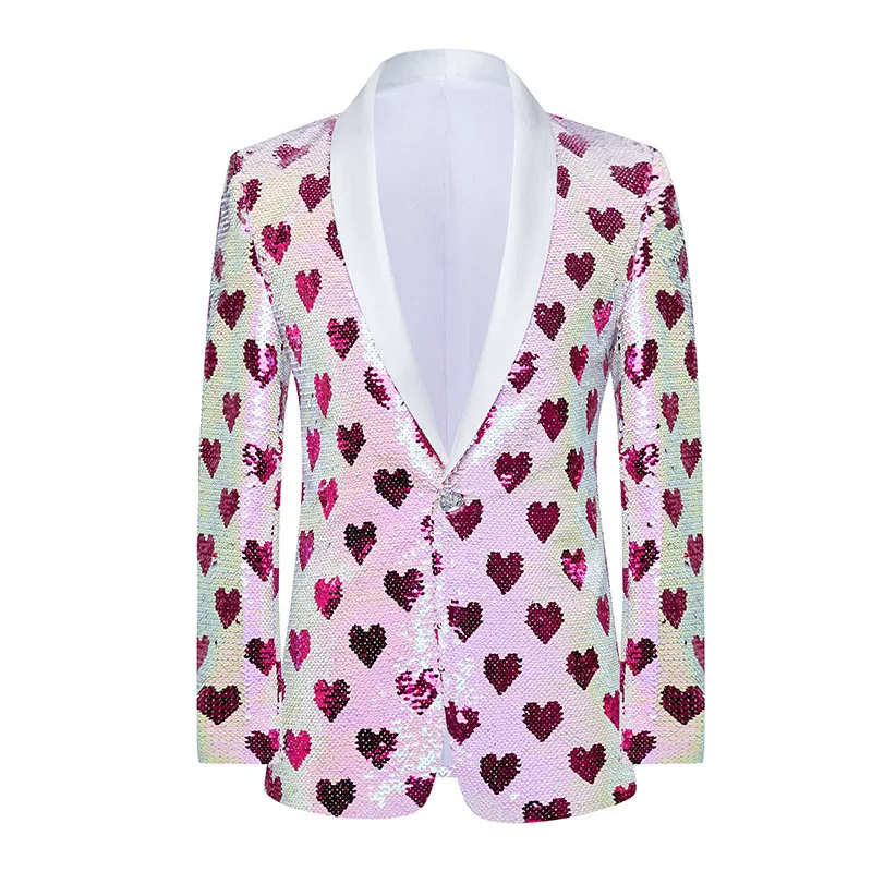 

Men's Qingguo collar, heart changing color flip sequin suit, performance suit, singer host dress, pink suit jacket