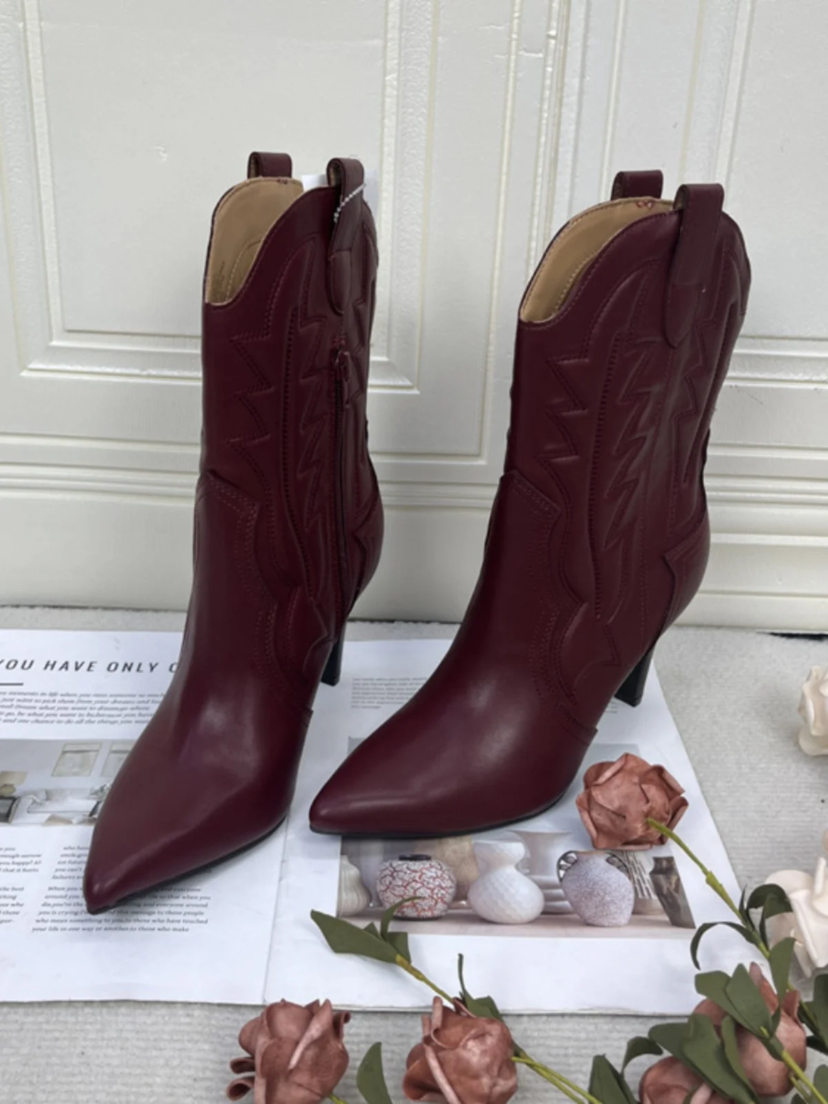 

Женские модные ботильоны Ele Pure Color с заостренным носком на высоком каблуке и боковой молнией, весенне-осенние, в западном стиле