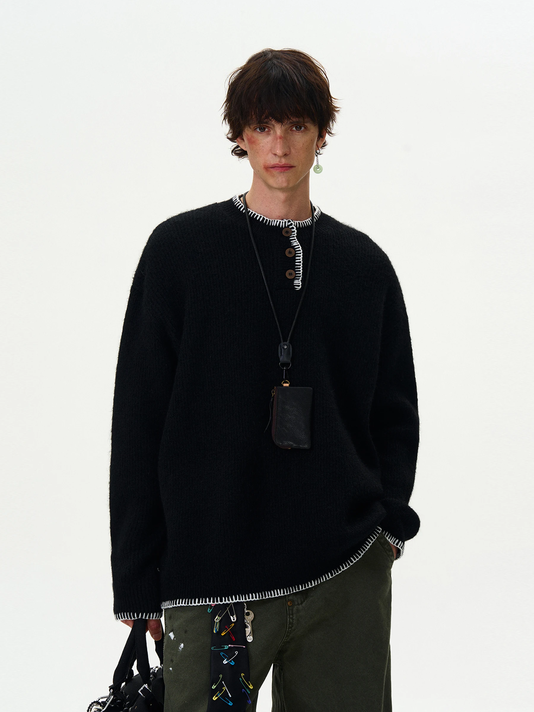 

MADWITCH американский дизайн трикотаж с воротником Генри свободный круглый свитер Lazy Aosphere Ne для мужчин и женщин повседневный Sle