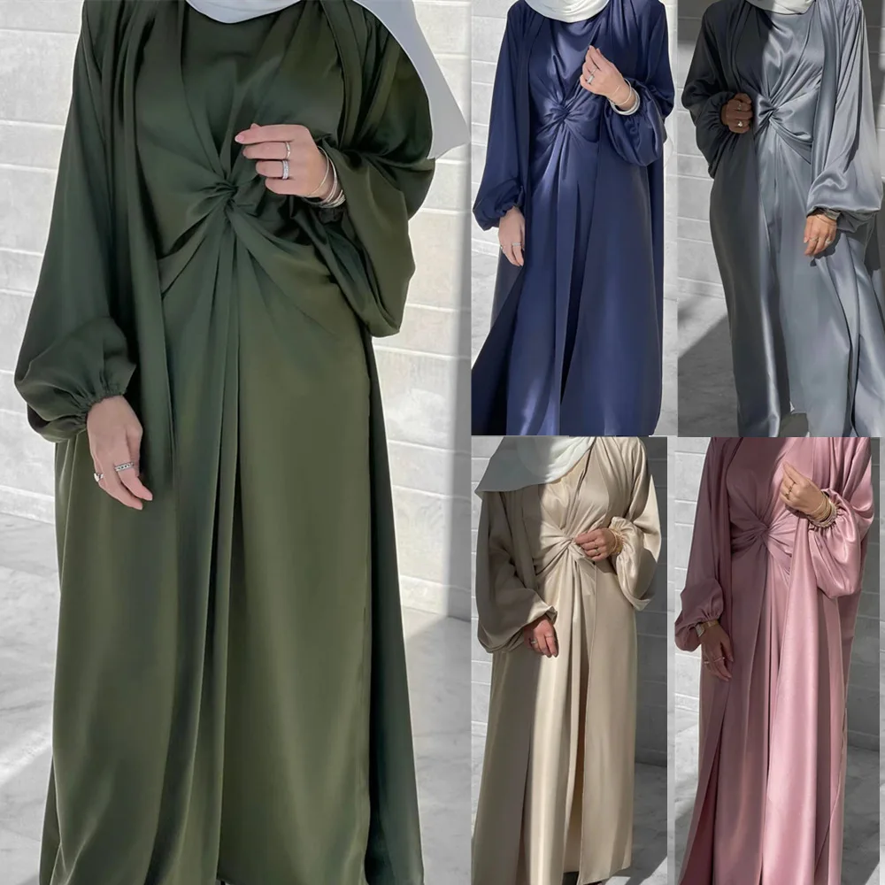 

Muslim Cardigan Set Hijab 2022 Turkey Abaya Dubai Fashion Solid Two Piece Set Dress Islamic Modest Clothing Ensembles Musulmans