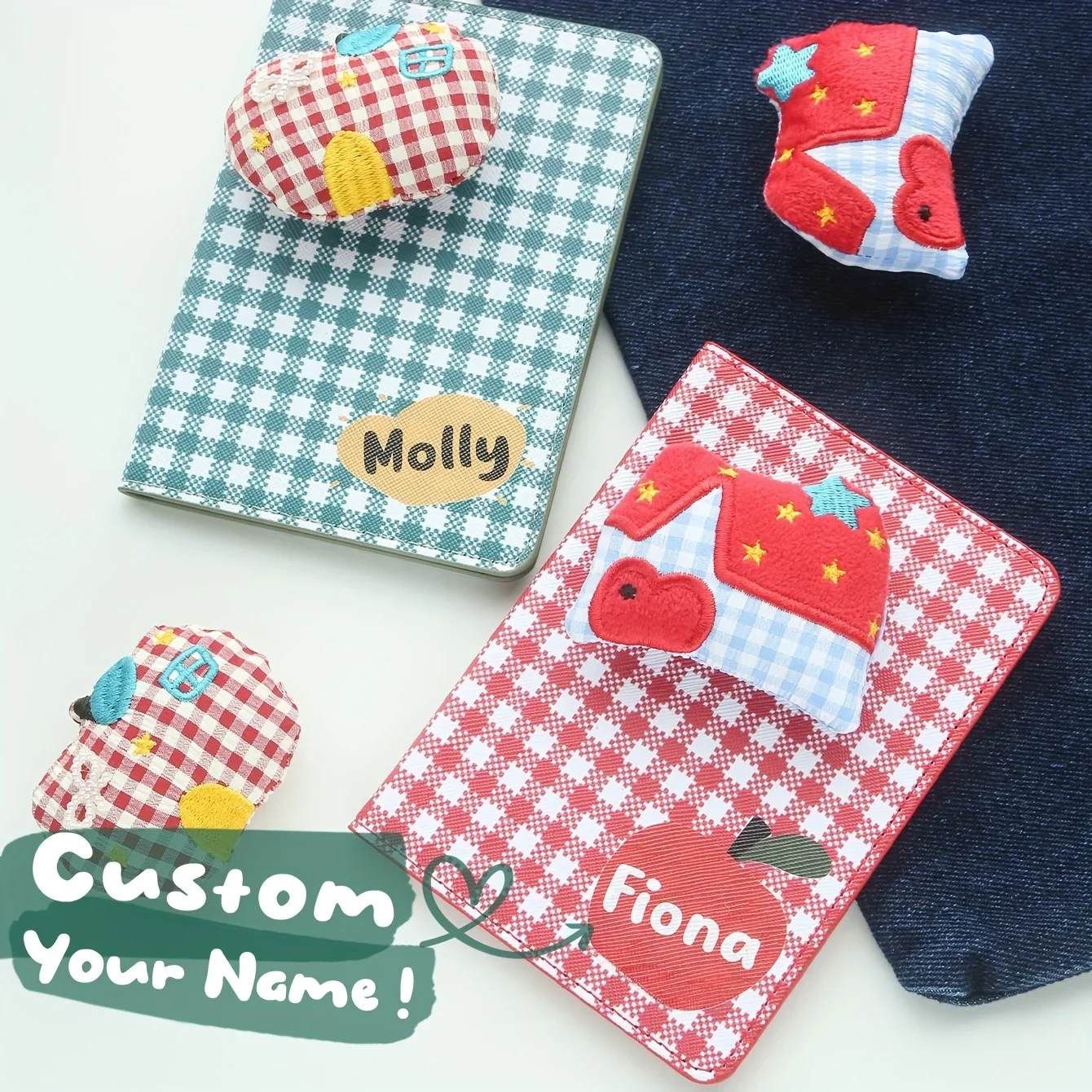 

Cute Passport Holder 1PCS Personalized Name with A Apple Doll Chic Plaid Passport Cover Custom Initials Colorful Passport Holder
