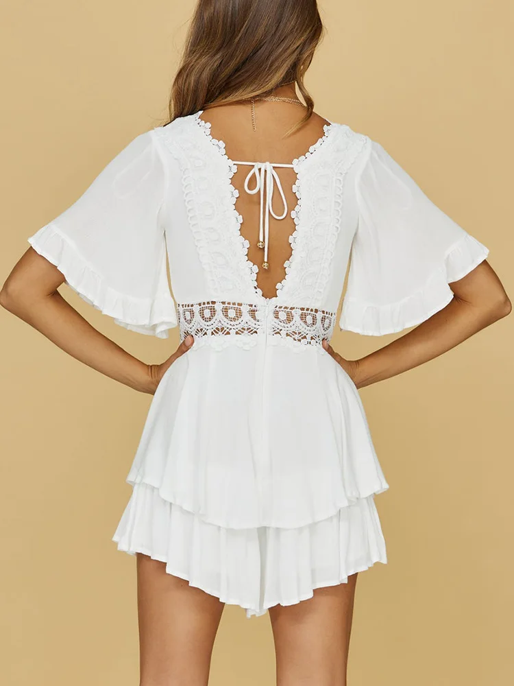 Summer Rompers Jumpsuit Women 2022 V Neck Short Sleeve Lace Trim Cotton White Romper V Back Tie Vacation Beach Shorts Playsuit