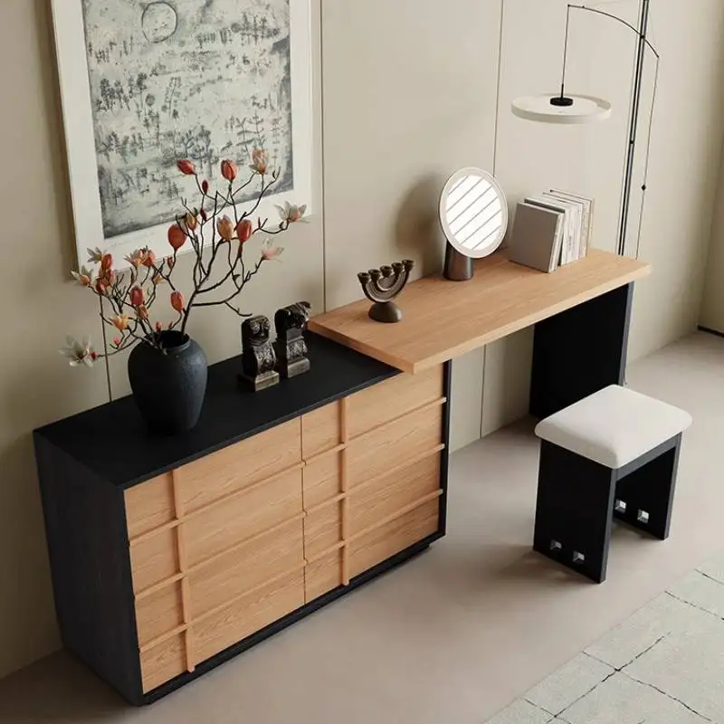 

Brown Natural Vanity Table Dest Storage Wooden Vintage Mirror Makeup Vanity Desk Space Saving Table De Maquillage Furnitures