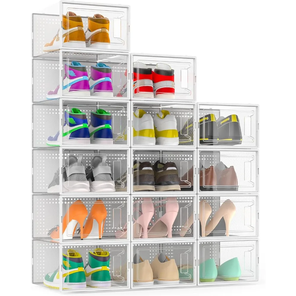 

X Large Shoe Organizer Storage Boxes for Closet, Modular Space Saving Clear Plastic Stackable Sneaker Containers Display Case