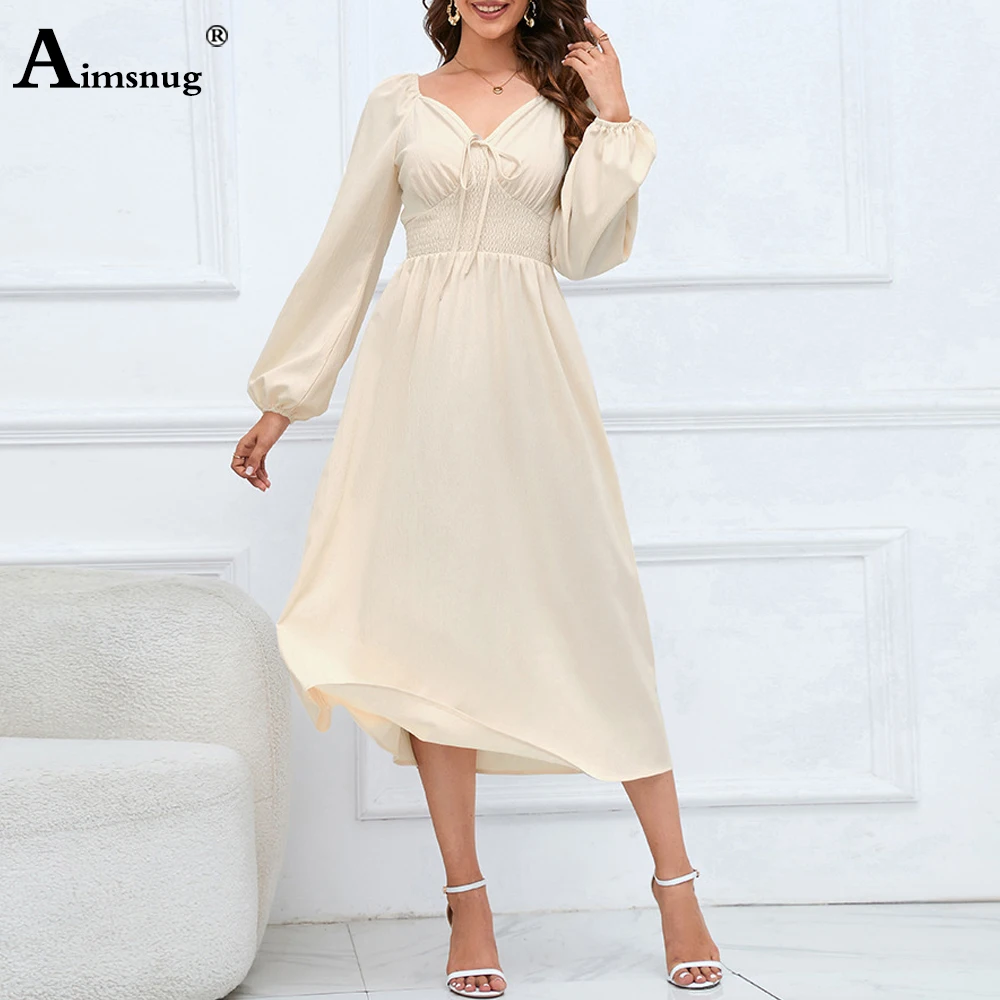 Aimsnug Women Long Sleeves Mid-Calf Dress Apricot Black V-neck Party Dresses 2023 Female Vintage Bandage Casual Slim Waist Dress