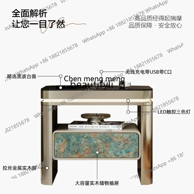 

32Итальянская легкая роскошная прикроватная тумбочка, дизайнерская креативная главная спальня, маленький приставной столик из массива дерева и стекла с лампой32