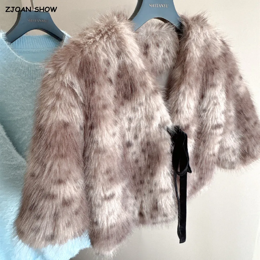 Autumn Winter Women Tie Bow Front Brown Leopard Dot Faux Mink Fur Cape Coat V Neck Short Sleeve Warm Jacket Crop Shawl Outerwear