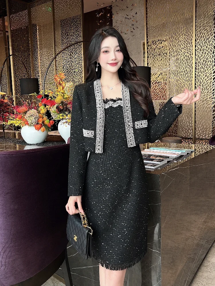 High end design light luxury socialite two-piece set for women's 2024 winter new banquet party short coat long skirt set