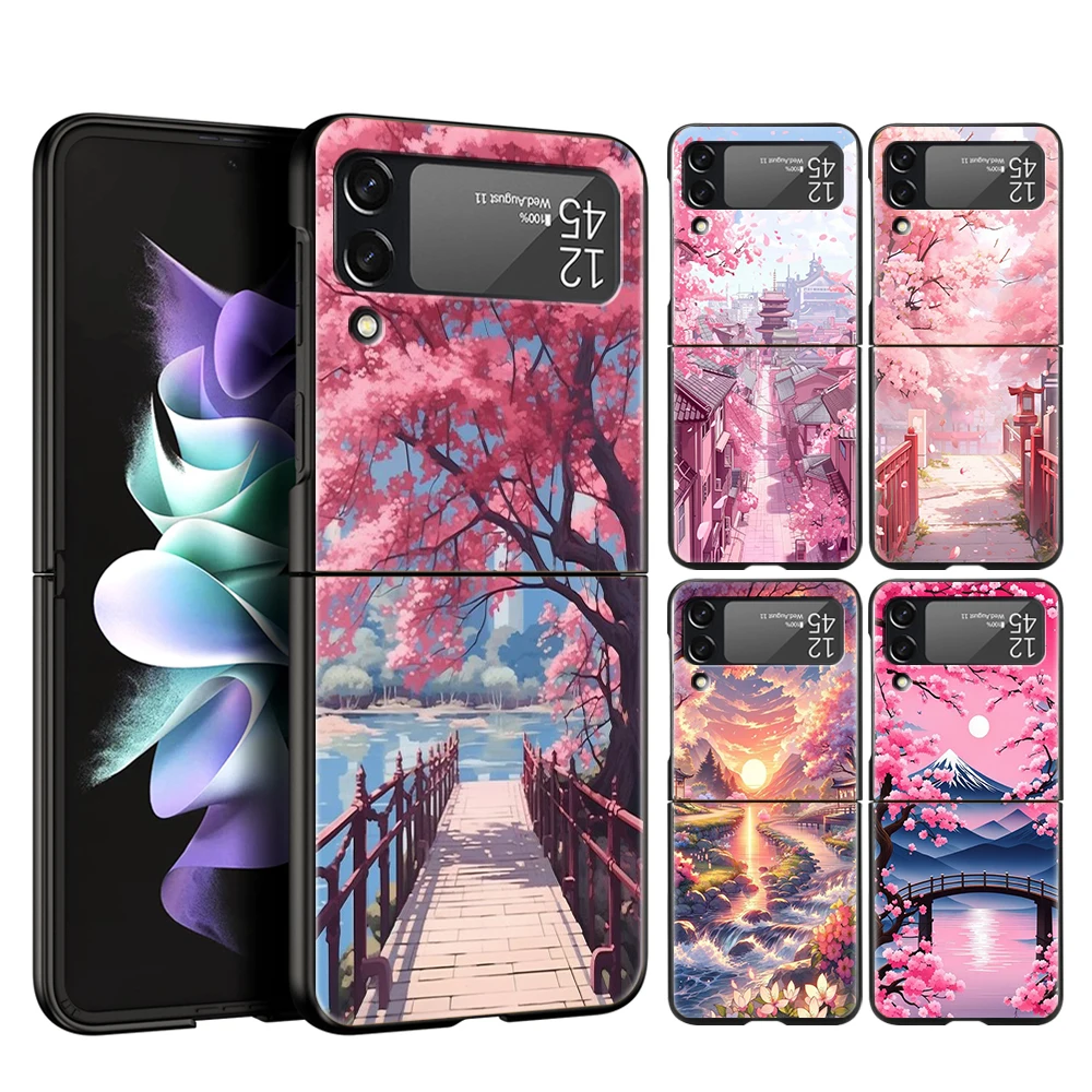 Pink Spring Cherry Blossoms Hard PC Phone Case For Samsung Galaxy Z Flip 5 4 3 Black Cover For Galaxy Z Flip 6 Shockproof Capas