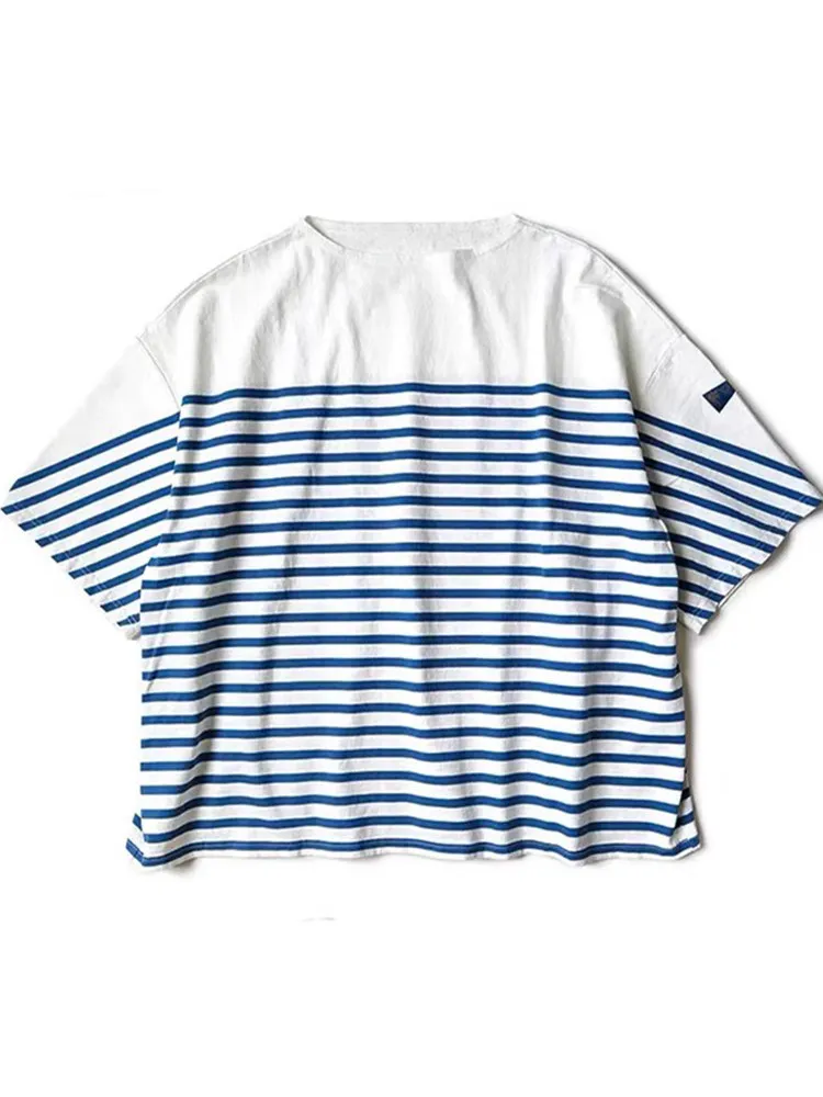 22SS KAPITAL Hirata Kazuhiro Blue and White Stripe Color Blocked Three Flag Five Sleeve Round Neck Loose Short Sleeve T-shirt