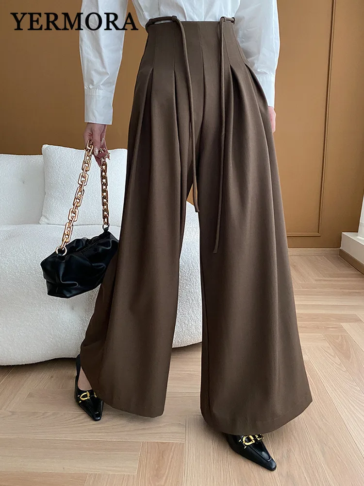 

YERMORA High Waist Coffee Drawstring Pleated Wide Leg Pants For Women Loose New Trousers Fashion Spring Autumn 2025 A950