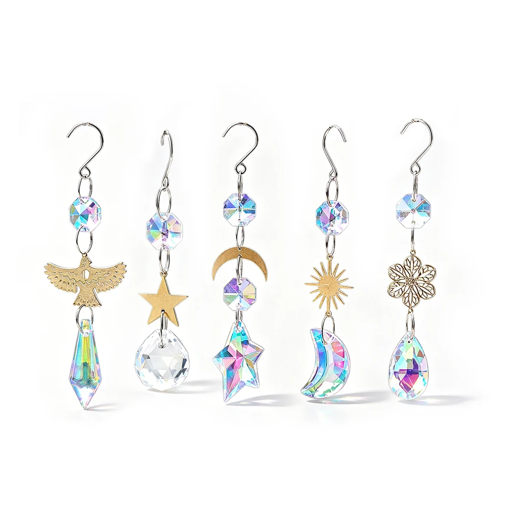 6pcs Auraro Crystal Suncatcher Hanging Ornament Moon Star Prism Ball Plant Pot Lamp Car Pendant with Hook Window Garden Decor