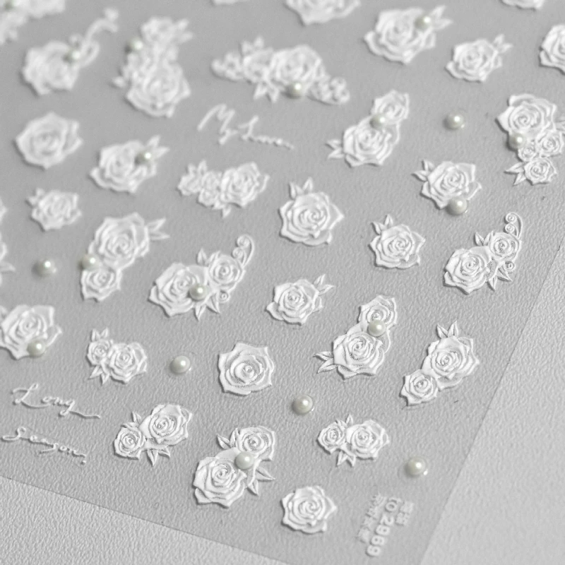 Dressy Elegant Pure White Rose Flower Pearl Rhinestone Pretty 5D Relief Self Adhesive Nail Art Decoration Sticker Manicure Decal