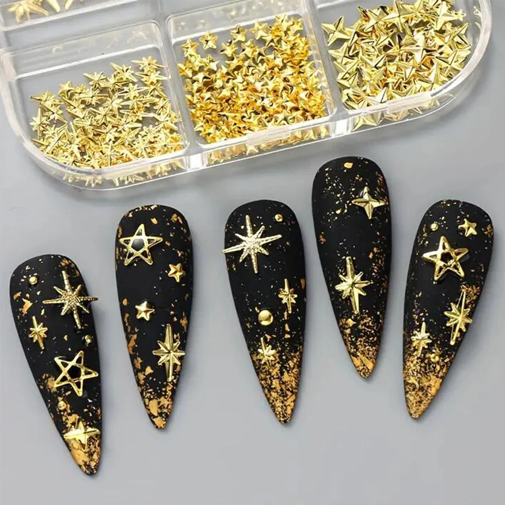 6Gird 3D 골든 스타라이트 라인스톤 네일 아트 참 리벳 스터드 스파클 스타 주얼리 펑크 합금 리벳 매니큐어 액세서리