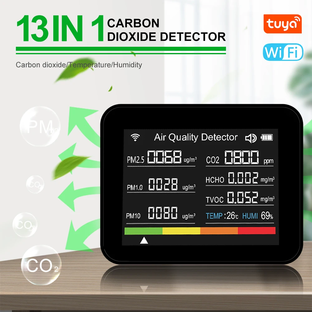 Tuya جهاز اختبار جودة الهواء الداخلي 13in1 مع جهاز مراقبة جودة الهواء WiFi لـ CO2 TVOC HCHO PM2.5 PM1.0 PM10 درجة الحرارة والرطوبة المزيد