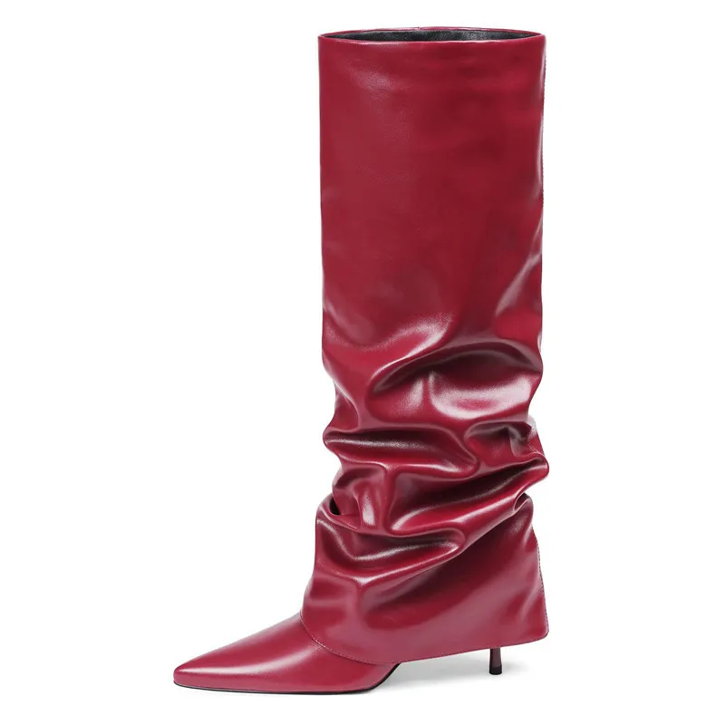 

Europe America Women Pointed Toe Long Boots for Woman's Stiletto Slip-On Pleated Knee High Botas Mujer Catwalk Casual Boots