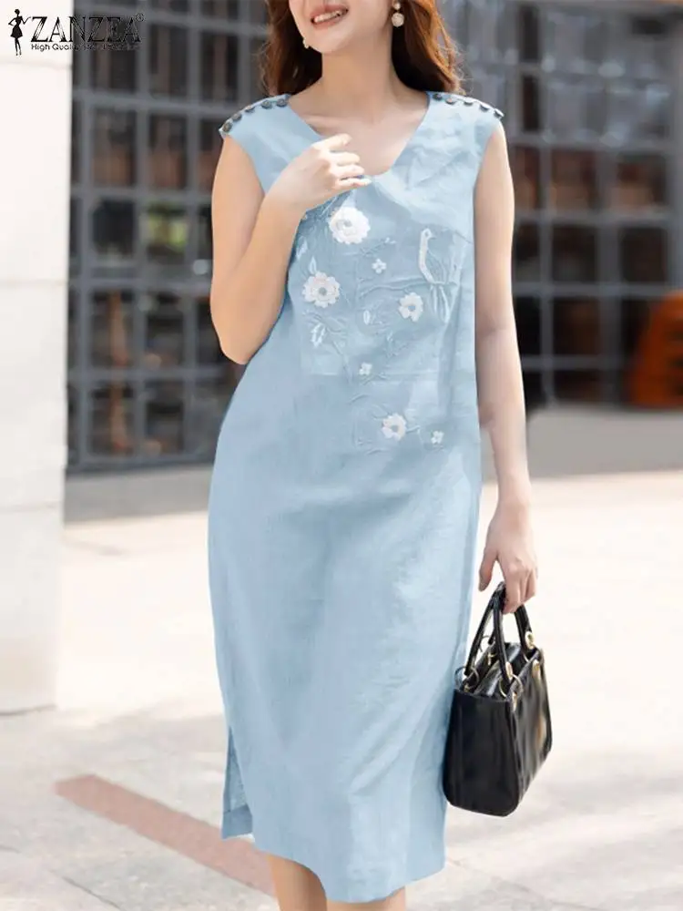 

ZANZEA Women Summer V Neck Sleeveless Dress Elegant Party Vestidos Stylish Embroidery Robe Femme Holiday Work Midi Sundress