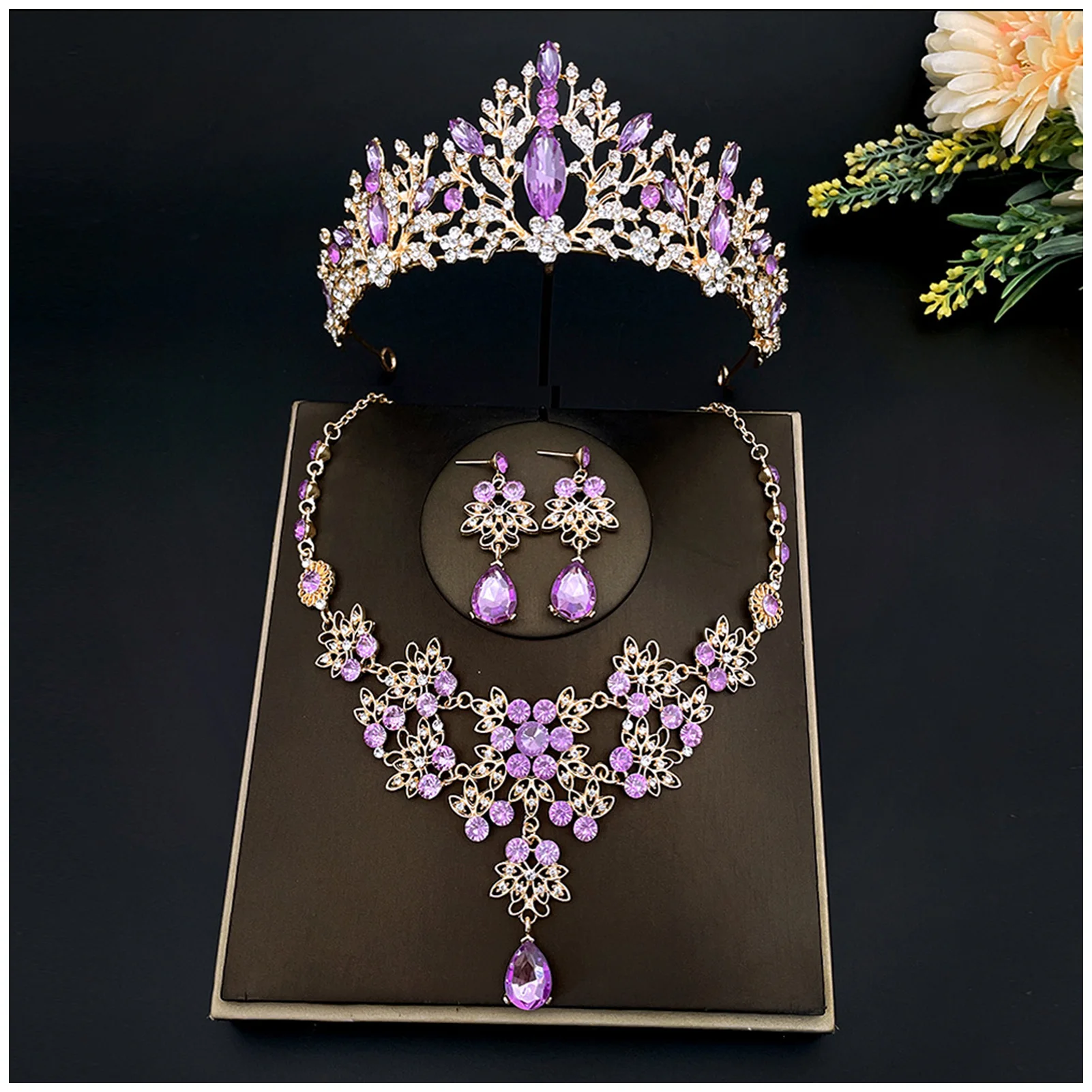 Sparkly Rhinestone Jewelries 3 Pieces Glitter Necklace Drop Earrings Princess Crown for Bridesmaid Wedding Party Prop